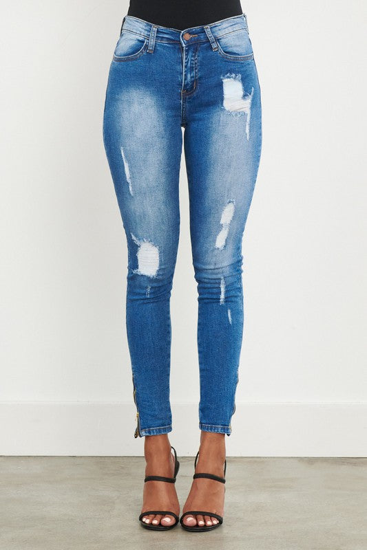 Skinny Ankle Zipper Jeans with Rips